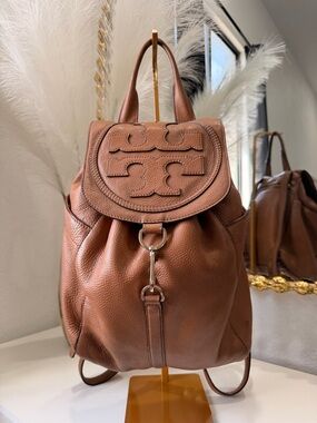 Tory Burch Cognac Pebbled Leather Logo Backpack